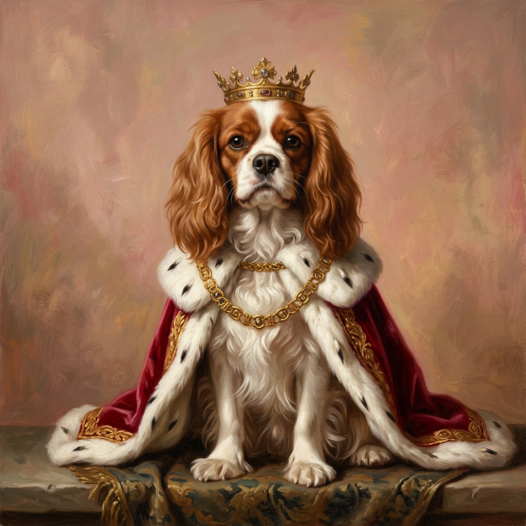 Sample painted portrait of a Cavalier King Charles spaniel wearing a gold crown and crimson cape with an ermine collar