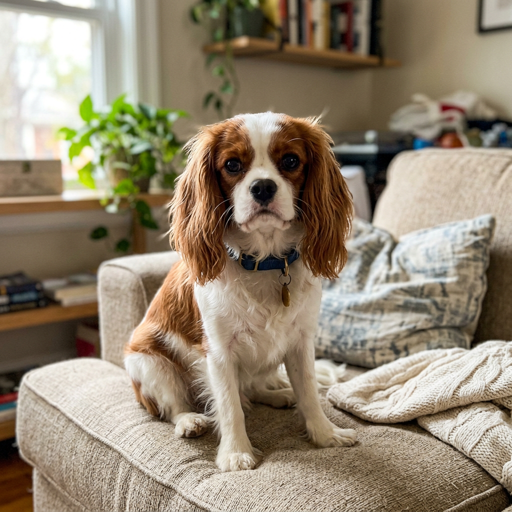 Sample phone snapshot of a Cavalier King Charles spaniel on a sofa