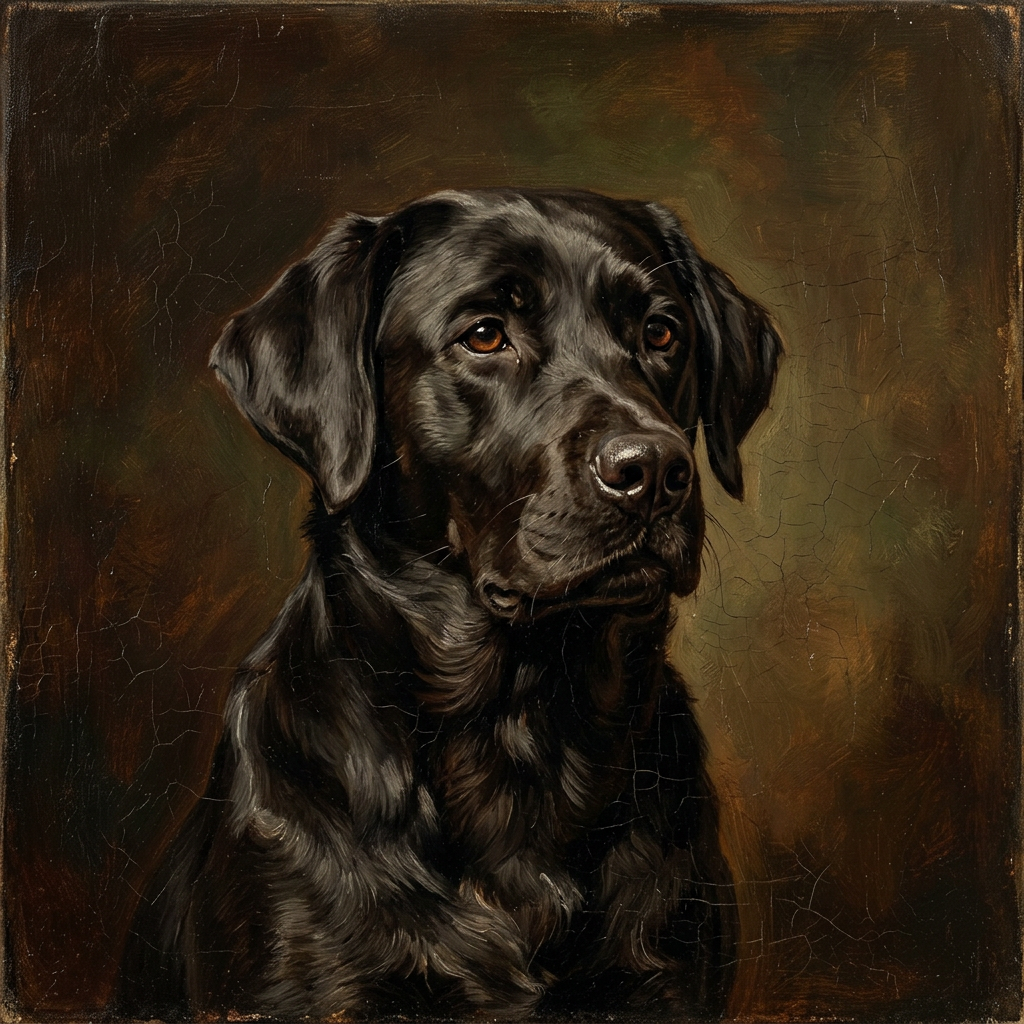 Sample painted black Labrador in the style of an old-master oil portrait