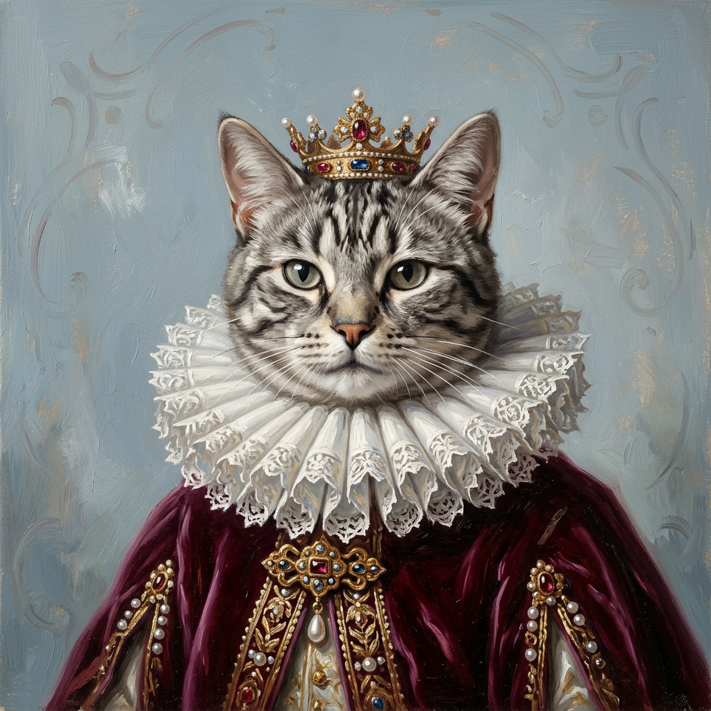 Sample painted silver tabby cat in a white lace ruff, burgundy velvet cloak and gold crown